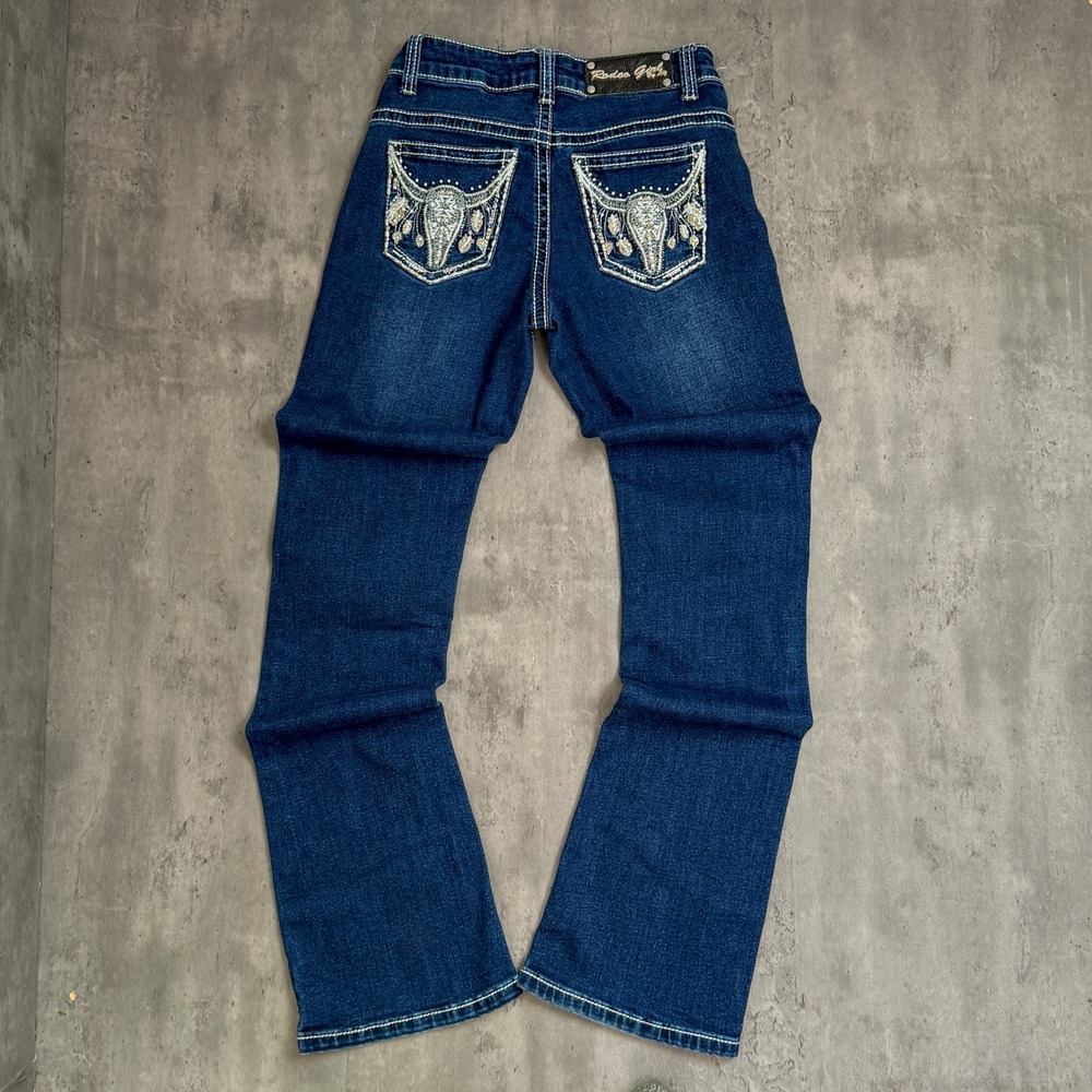 Y2K 00's Dark Blue Baggy Relax Fit Wide Flare Bootcut Embellished Denim Jeans